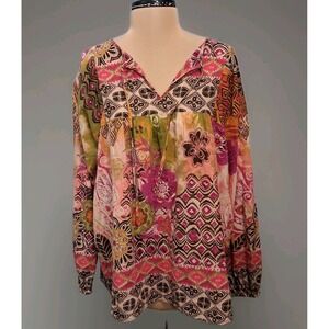 Forbidden Womens Blouse Sz XL Colorful Boho Peasant Lightweight Cotton Tunic Top